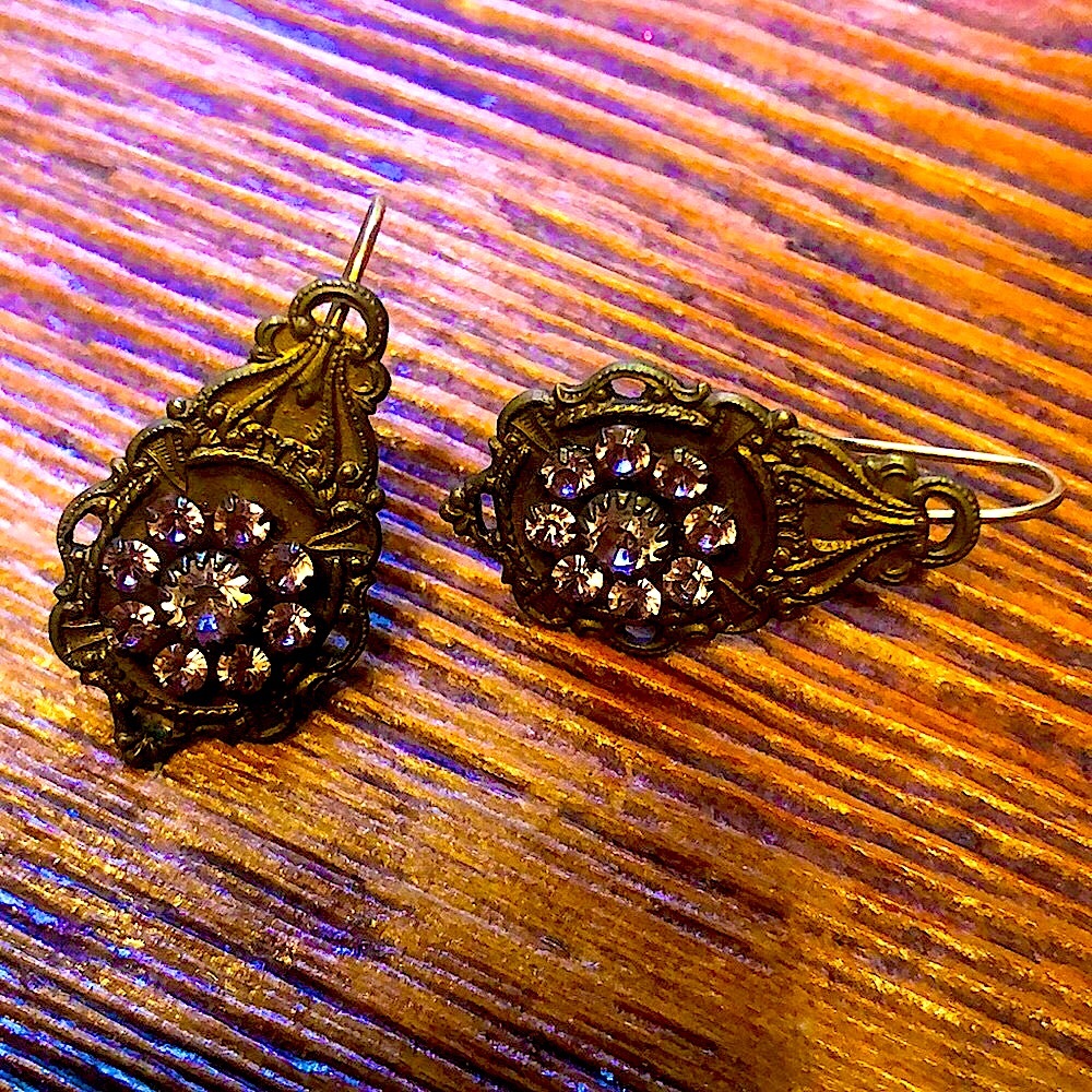 Lavender crystal & brass filigree earrings